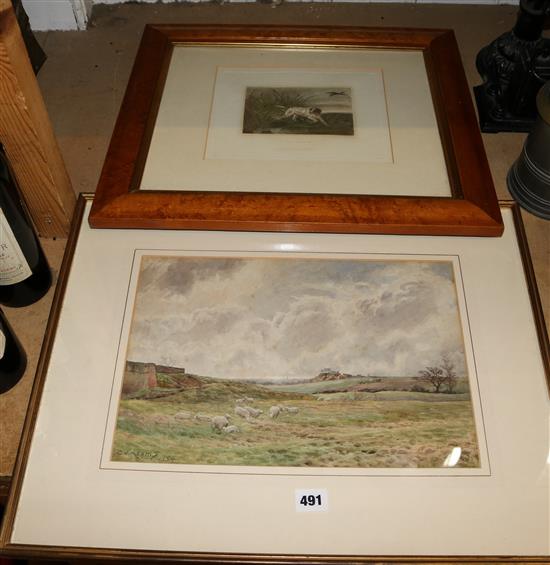 Print, dog & watercolour of sheep in landscape